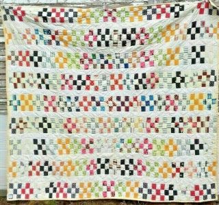 Vintage 50s/60s 9 - Patch Fence Rows Folk - Art Patchwork Quilt Wow