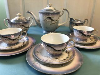 Antique Gilt Porcelain Fairylite Tea Set Rough Relief Dragons Japan