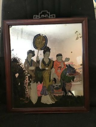 Antique Chinese Export Reverse Painting On Glass