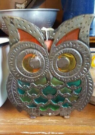 Vintage Secrets: Metal Owl Stained Glass Napkin Or Recipe Holder,  Taiwan Ab