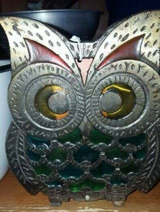 VINTAGE SECRETS: Metal Owl Stained Glass Napkin or Recipe Holder,  Taiwan ab 2
