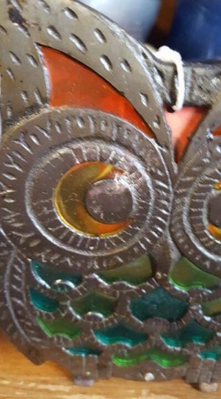VINTAGE SECRETS: Metal Owl Stained Glass Napkin or Recipe Holder,  Taiwan ab 3