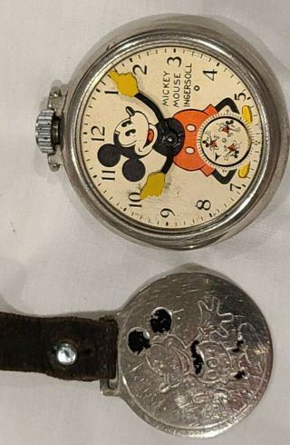 1930 - 40 Mickey Mouse Ingersoll Pocket Watch With Leather Strap & Mickey Fob