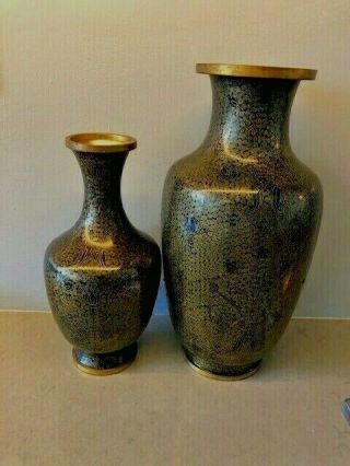 Antique Brass Chinese Cloisonne Vase Black And Gold,  Pair