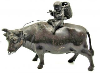 Antique C.  1900 13 " Long Chinese Bronze Shepherd Boy Riding Buffalo Ox Statue