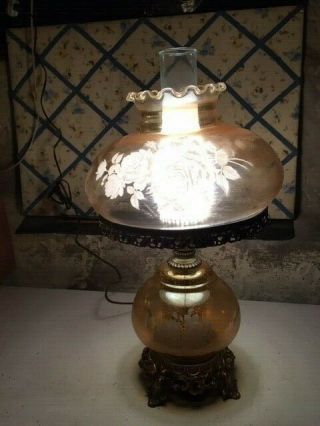 Vintage Hurricane Table Lamp With Amber Glass Etched Roses 3 - Way Lighting