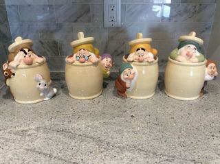 Rare Disney Snow White And 7 Dwarfs 4 Piece Canister Cookie Jar Set