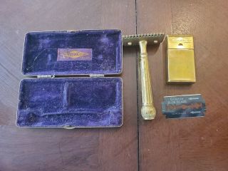 Vintage King Gillette Gold Tone Pocket Safety Razor With Case And Razor Box