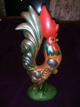 Vintage Large Ceramic Rooster Mid Century Farm Green Yellow Red 12 " M/usa 1980 