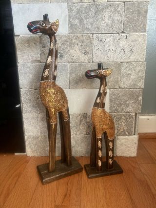 Set Of 2 Hand Carved African Giraffe Wood Sculpture Statue Jungle ❤️