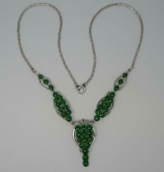 Vintage Sterling Silver Chinese Green Jade & Diamond Necklace Pendant