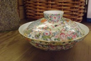 Antique Chinese Famille Rose Mille Fleur Bowl And Cover Qianlong Mark