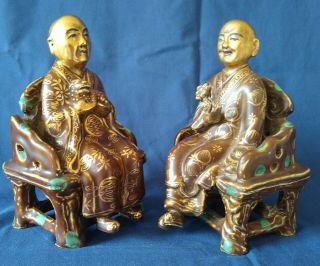 Pair Chinese gilded brown & turquoise porcelain seated figures signed seal mark 2