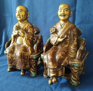 Pair Chinese gilded brown & turquoise porcelain seated figures signed seal mark 3
