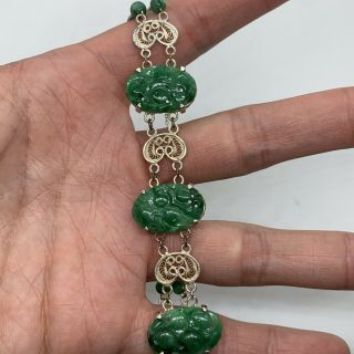Antique Chinese Silver Natural Green A Jadeite Jade Carved Filigree Bracelet
