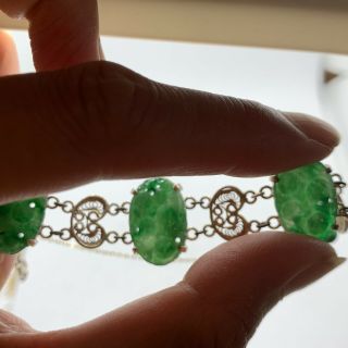 Antique Chinese silver natural green A jadeite jade carved filigree bracelet 2