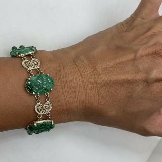 Antique Chinese silver natural green A jadeite jade carved filigree bracelet 3