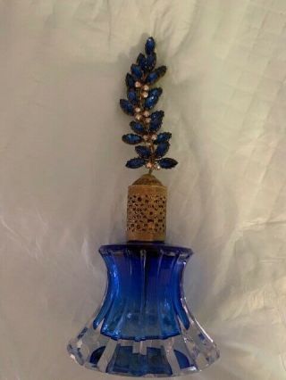 Vintage Blue Perfume Bottle With Gold Tone Cover Multi Stones Accent
