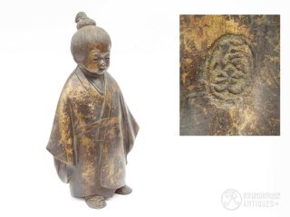 19th C.  Antique Japanese Meiji Bronze Okimono Boy Artist Signed