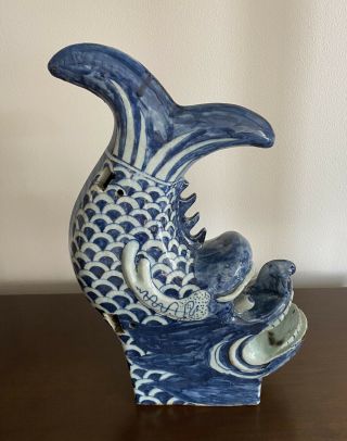 Vtg Chinese Blue & White Porcelain Fish - Form Roof Tile Dragon - Fish Chinoiserie 3