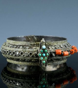 Antique Chinese Tibetan Orange Coral & Turquoise Jewelled Silver Bangle Bracelet