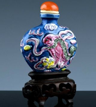 Great Old Chinese Famille Rose Enamel Fu Lion Carved Porcelain Snuff Bottle
