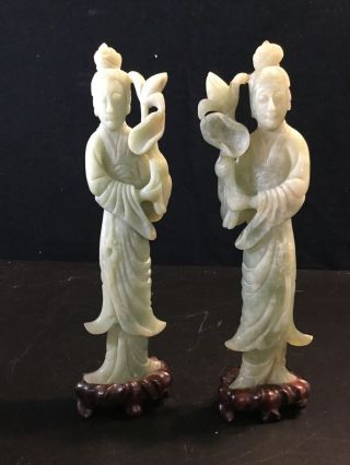 Pair Chinese Carved Jade Guanyin Statues Figures 11”