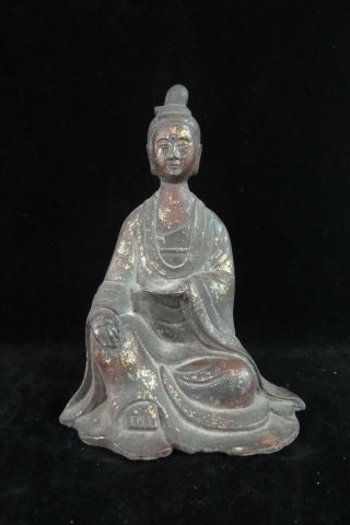 Antique Chinese Old Gilt Bronze " Guanyin " Buddha Statue Marked " Wanli "