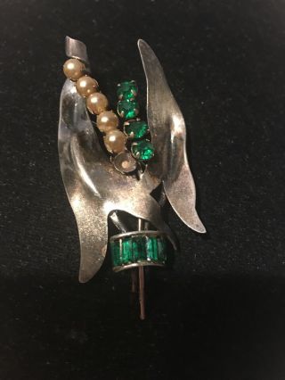 ANTIQUE VINTAGE ART NOUVEAU STERLING SILVER LILY OF THE VALLEY PIN BROOCH PEARLS 2