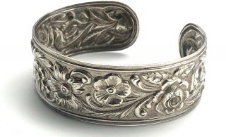 Vintage S.  Kirk & Son Floral Rose Repousse Sterling Silver Wide Cuff Bracelet