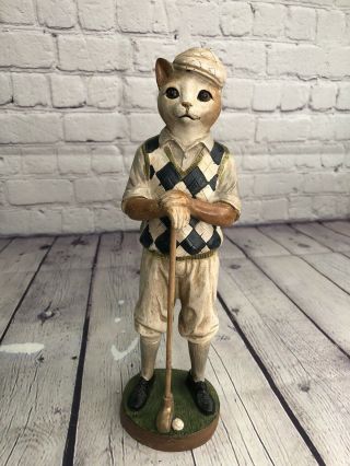 Golfing Cat Statue Figurine Carved Wood