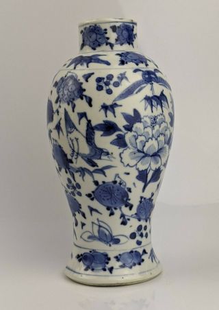 Chinese Antique Porcelain Blue & White Baluster Vase Birds Flowers 19th Kangxi