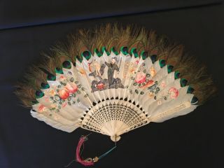 Hand Painted 19th Century Folding Fan Made From Bone And Feathers