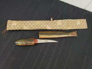 One Of A Kind Japanese Antique Knife W/ A Carved Wood Fish Sheathe,  Blade Signed