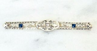 Antique Art Deco 14k White Gold Diamond And Sapphire Bar Pin Pi 9