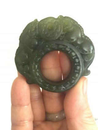 Old Chinese Hand Carved Green Jade Thumb Ring Double Dragon 23 Mm Inside