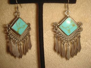 Vtg.  Navajo 2 3/8,  " Sterling Silver & Square Turquoise Fringed Dangle Earrings