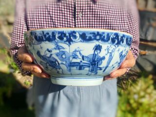 Kangxi Chinese Antique Porcelain Blue And White Huge Bowl Figures 18th Century