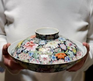 Antique Chinese Mille Fleur Porcelain Bowl Famille Noir Enamels Marked Qianlong