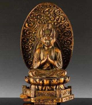 Antique Japanese Meiji Gold Lacquer Wood Carved Buddha Shrine Figure Stand