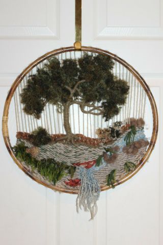 Vintage Artisan Hand Crafted Wool Fiber Art Weaving Boho Tree Wall Hanging 18.  5 "