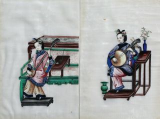 2 Chinese Qing Gouache Pith Painting China Trade Ladies Bound Feet Playing Music