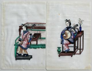 2 Chinese Qing Gouache Pith Painting China Trade Ladies Bound Feet Playing Music 2