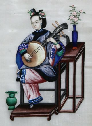 2 Chinese Qing Gouache Pith Painting China Trade Ladies Bound Feet Playing Music 3