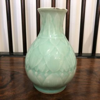 Old Chinese Carved Celadon Glazed Vase With Qianlong Mark - Drilled