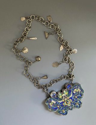 Antique Chinese Silver Enamel Butterfly Lock With Talisman Charms
