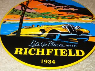Vintage Lets Go Places W/ Richfield In 1934 8 " Porcelain Metal Gasoline Oil Sign