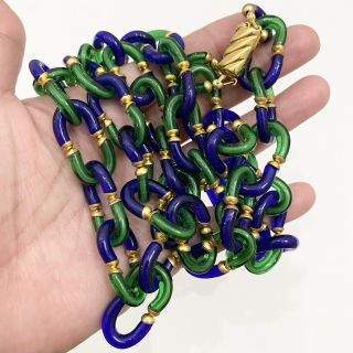 Vintage Archimede Seguso For Chanel Green/ Blue Murano Glass Chain Link Necklace