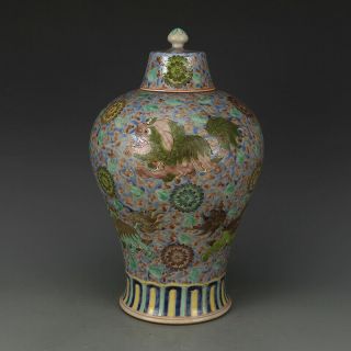 14.  6 " Old Chinese Three - Colour Glazed Porcelain Lovable Lion Cover Pot Plum Vase