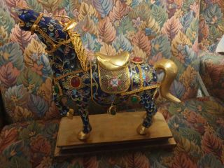 Vintage Chinese Cloisonne Tang Blue Horse Statue On A Wooden Stand